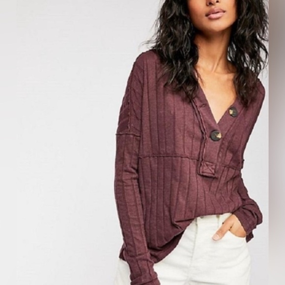 Free People OB902813 Cotton Henley Buttons Oversized Top Long Sleeve Ribbed XS - Picture 1 of 11